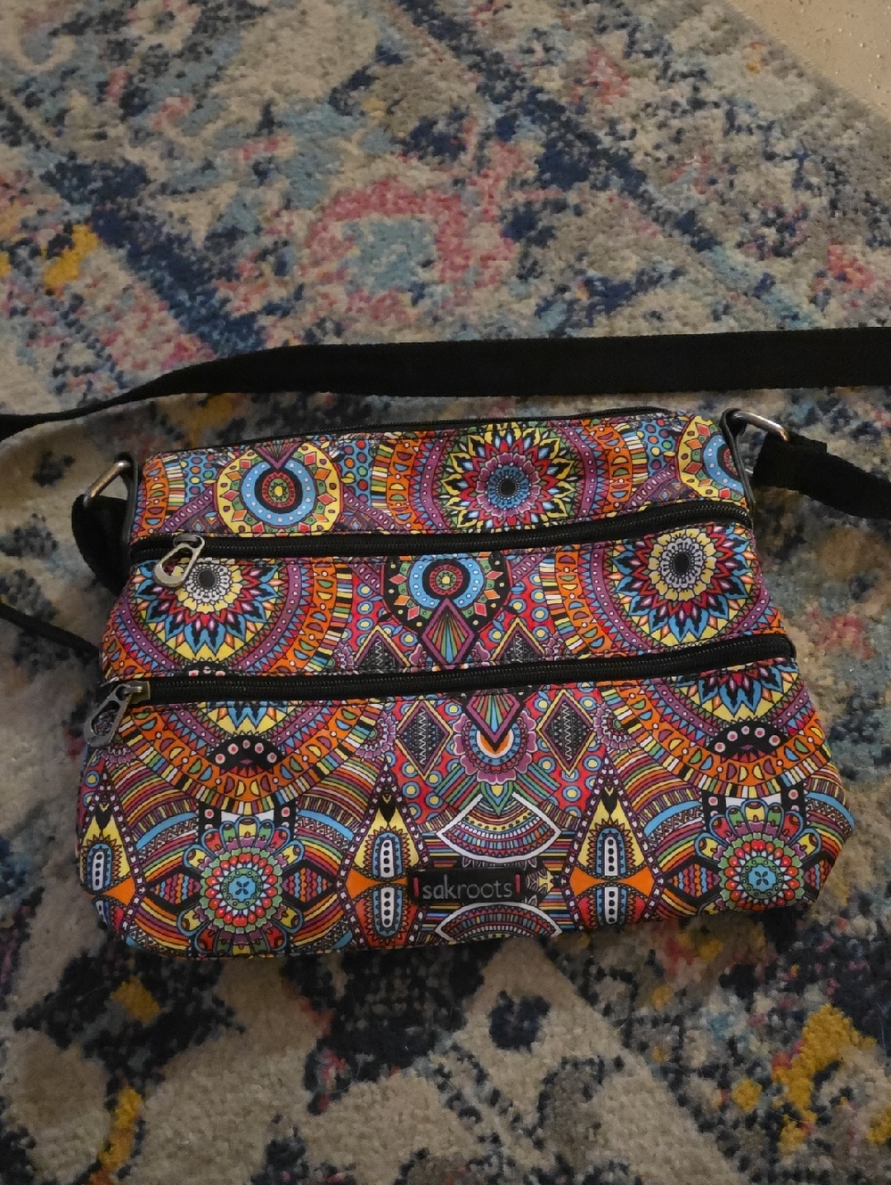 Sakroots Multicolor Mandala Print Crossbody Bag with Black Strap